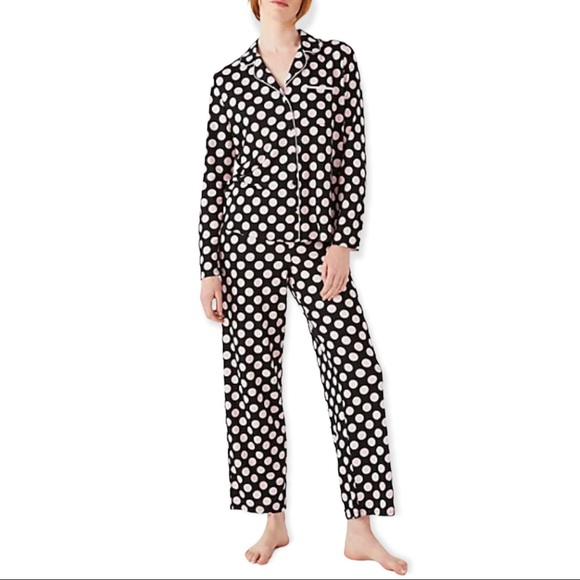 KATE SPADE Pajama Set Polka Dot Print Notch Collar Long Sleeve PJs pink Black - Picture 4 of 10